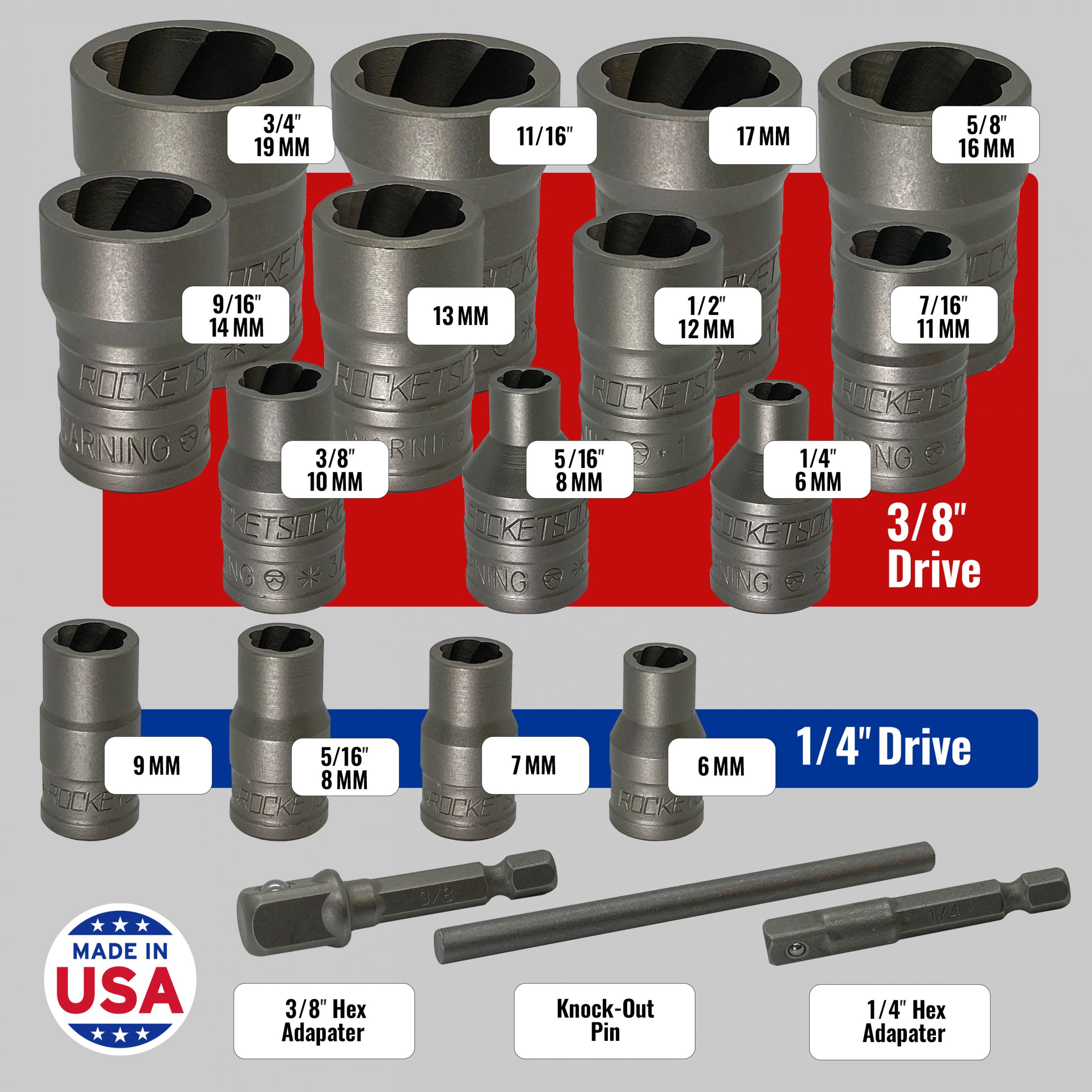 18 Piece Extraction Socket Set - ¼" and ⅜" Drive - Made in USA - Image 2