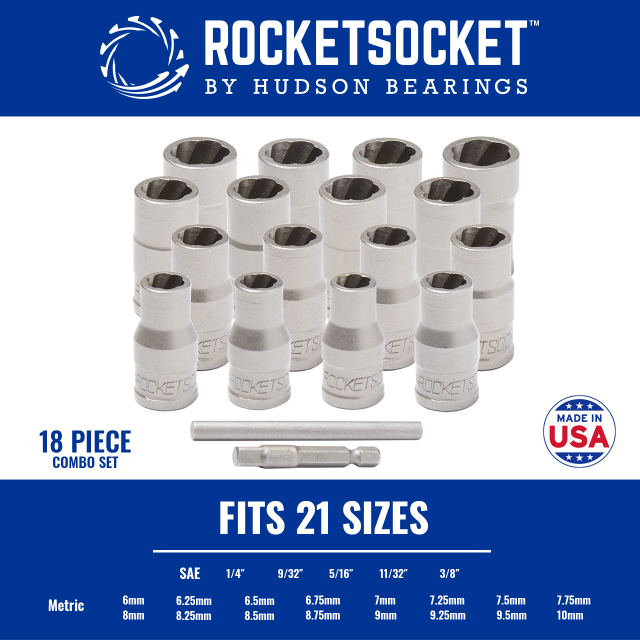 18 Piece Extraction Socket Set on Rail - ¼" Drive - Made in USA - Image 2