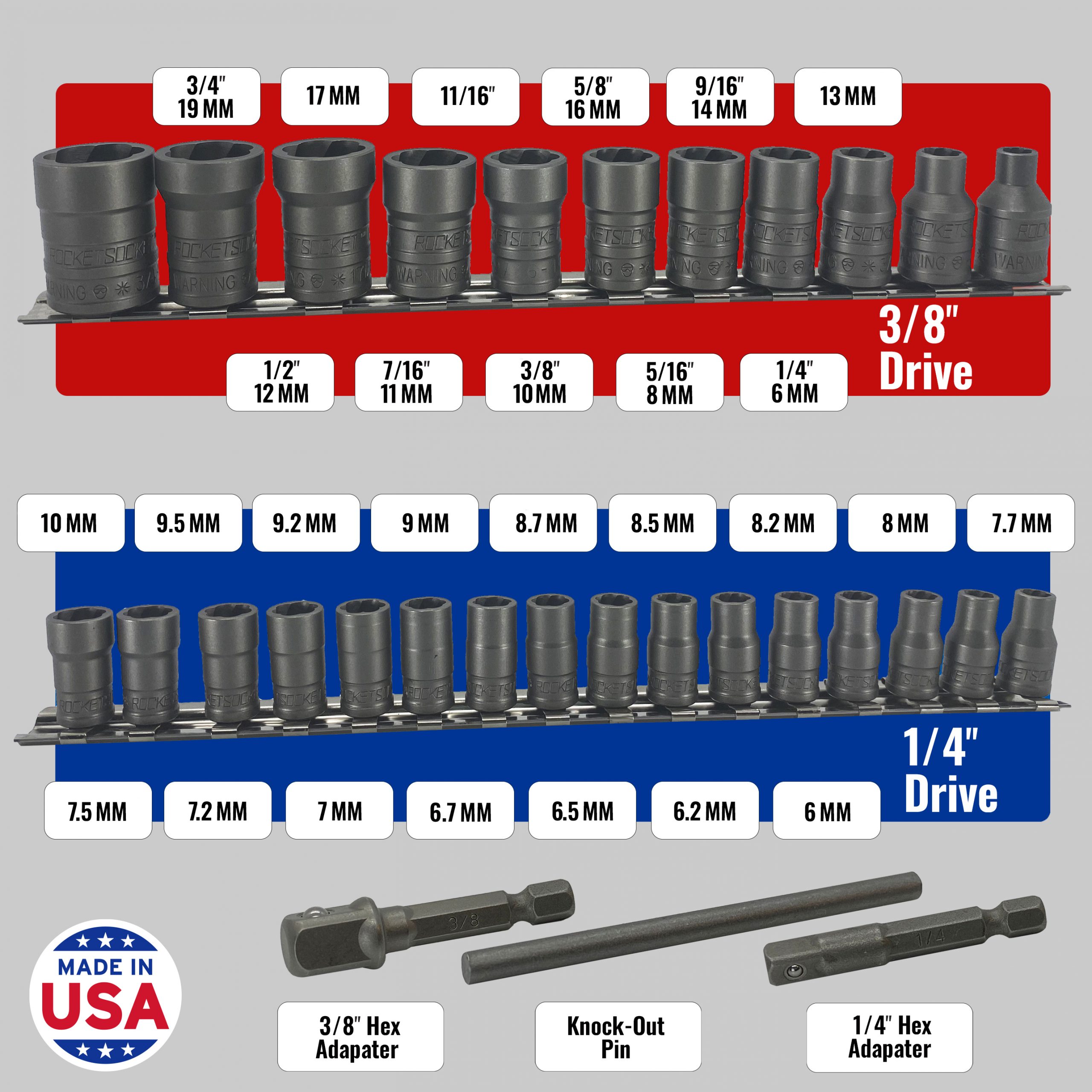 30 Piece Extraction Socket Set - ¼" and ⅜" Drives - Made in USA - Image 2