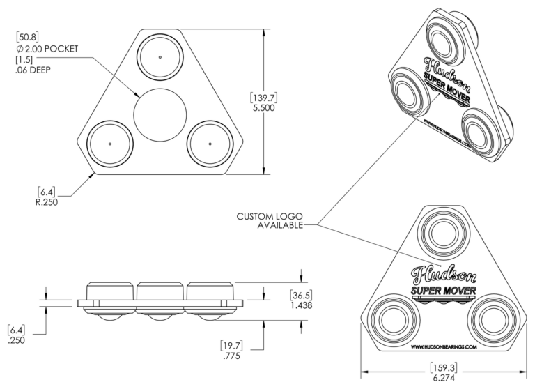 Hudson Super Mover dimensional drawing: 6.274 x 5.5 in. plate, 1.438 in. overall height